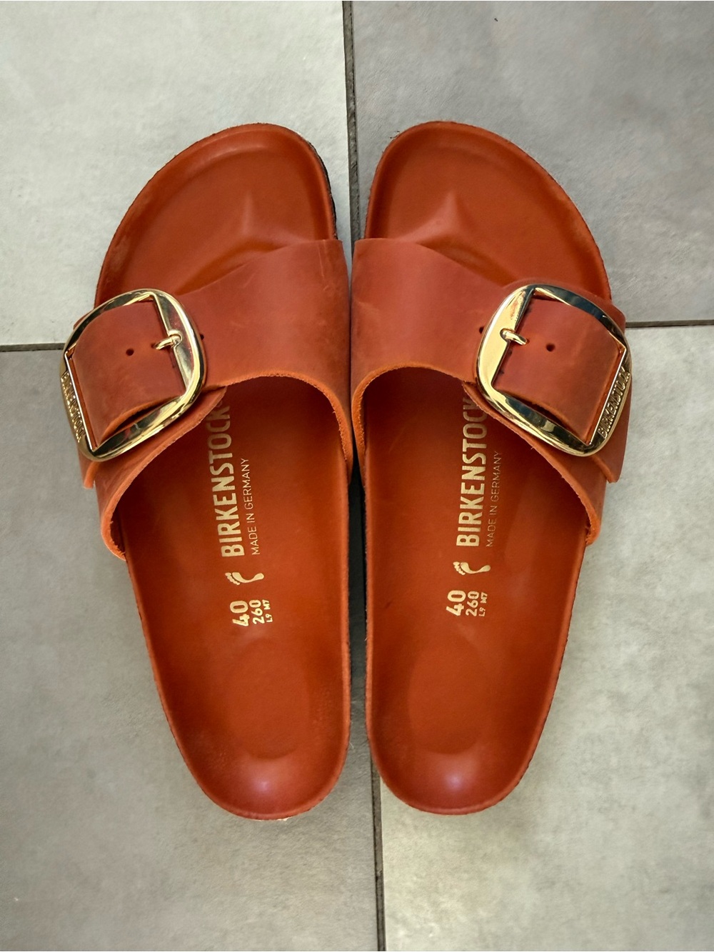 Birkenstock Men's Single Buckle Slides in Rust Orange with Gold Buckle